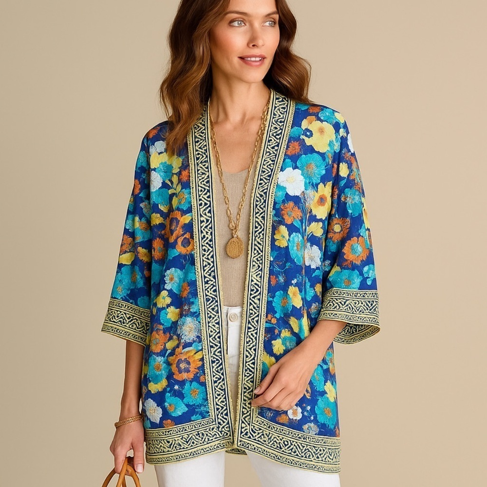 Soft Surroundings Asian Blue Floral Kimono Top